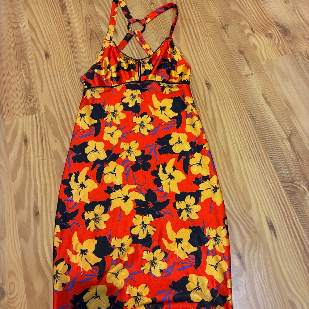 Urban Outfitters Y2K Orange Hibiscus Floral Cross Back Bodycon Mini Dress